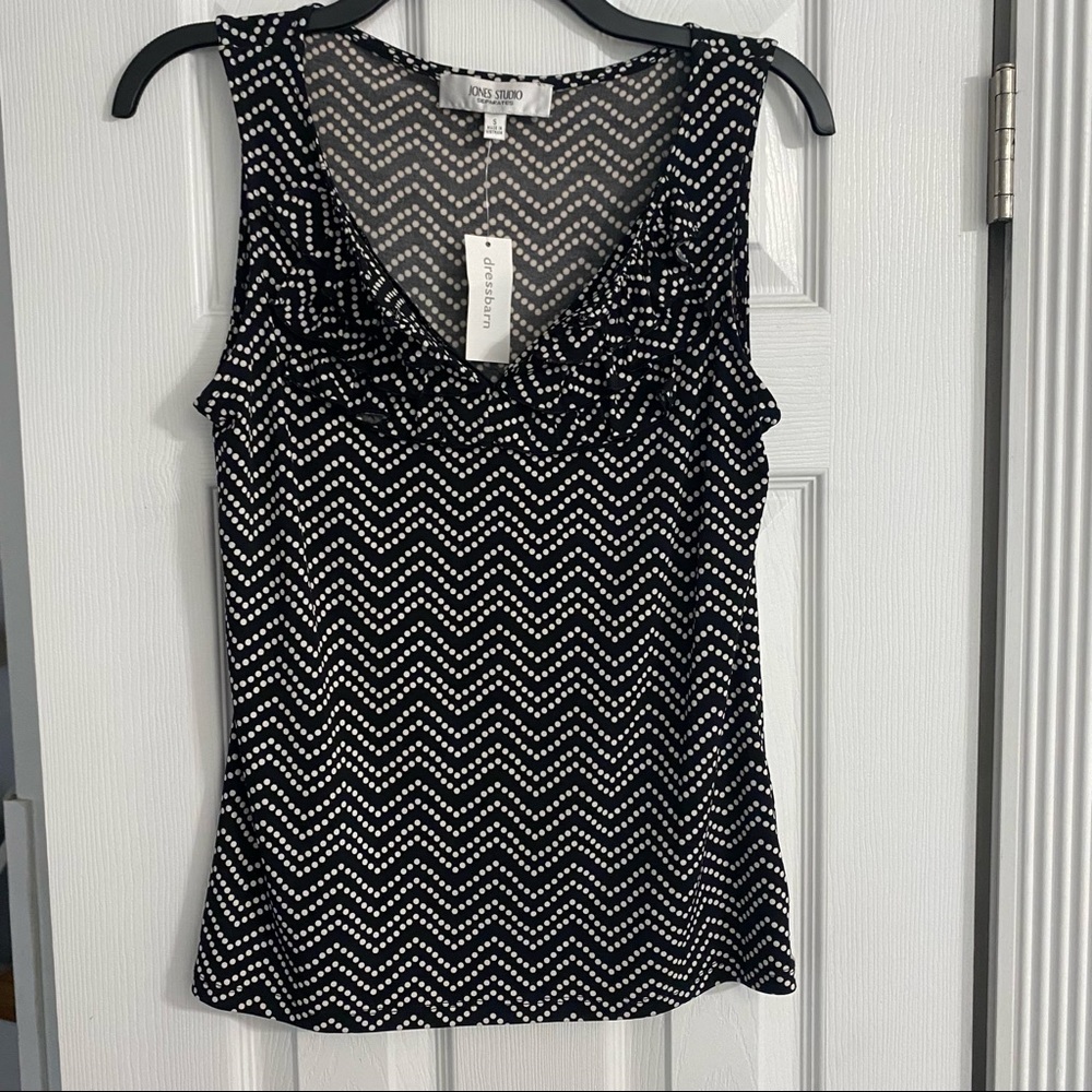 Jones Studio Women’s Polka Dot Ruffle Sleeveless Blouse
